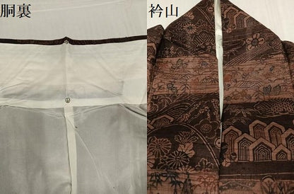 平和屋着物●訪問着　紬地　型染め　風景草花文　正絹　逸品　AABD1001ph