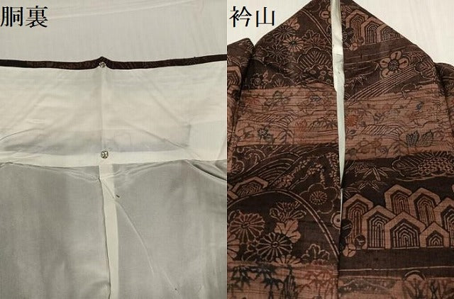 平和屋着物●訪問着　紬地　型染め　風景草花文　正絹　逸品　AABD1001ph