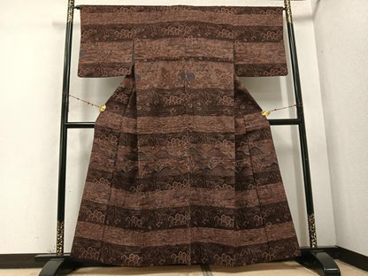 平和屋着物●訪問着　紬地　型染め　風景草花文　正絹　逸品　AABD1001ph