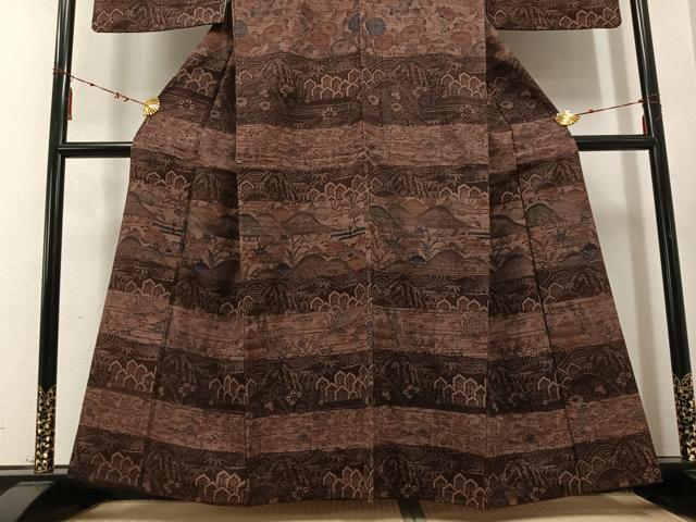 平和屋着物●訪問着　紬地　型染め　風景草花文　正絹　逸品　AABD1001ph