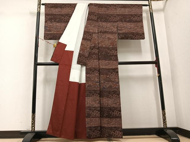 平和屋着物●訪問着　紬地　型染め　風景草花文　正絹　逸品　AABD1001ph