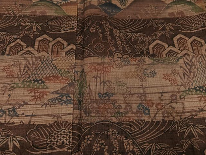平和屋着物●訪問着　紬地　型染め　風景草花文　正絹　逸品　AABD1001ph