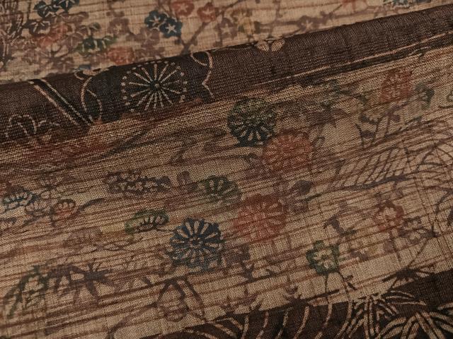 平和屋着物●訪問着　紬地　型染め　風景草花文　正絹　逸品　AABD1001ph