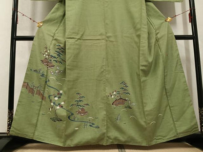 平和屋着物●訪問着　作家物　紬地　松竹梅風景文　正絹　逸品　AABD1010ph