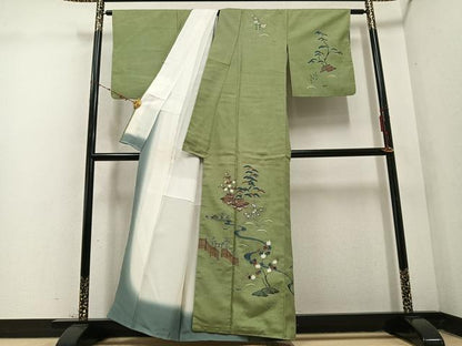 平和屋着物●訪問着　作家物　紬地　松竹梅風景文　正絹　逸品　AABD1010ph