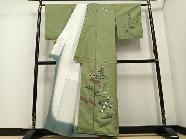平和屋着物●訪問着　作家物　紬地　松竹梅風景文　正絹　逸品　AABD1010ph