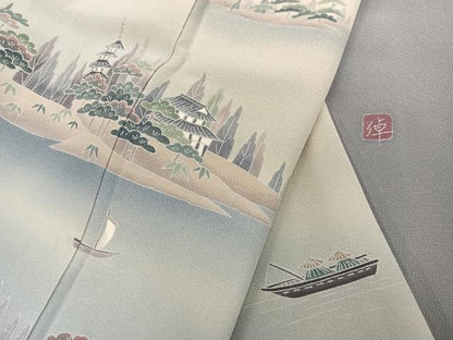 平和屋着物●訪問着 友禅 作家物 浜松風景人物文 暈し染め 正絹 逸品 未使用 AABD1031ph