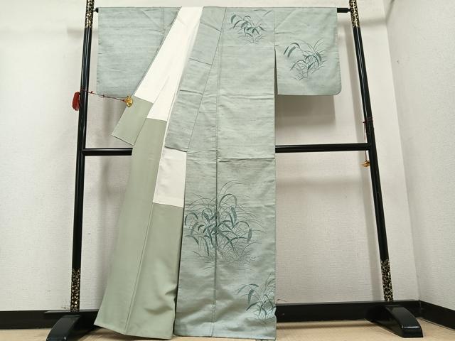 平和屋着物●訪問着 紬地 型染め 草木文 正絹 逸品 AABD1033ph