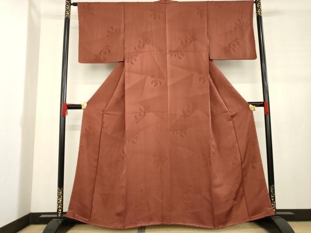 平和屋着物●上質な色無地 菊地紋 海老茶色 正絹 逸品 未使用 AABD1111ck