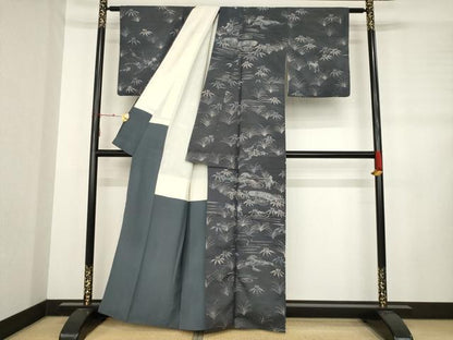 平和屋着物●上質な小紋 紬地 人物風景文 鹿 ろうけつ染 正絹 逸品 AABD1137ck