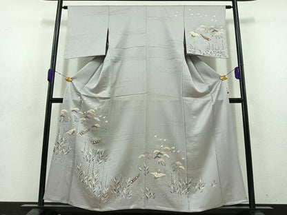 平和屋着物▽訪問着 単衣 飛鶴風景文 金通し地 金彩 正絹 逸品 AABD1239jh