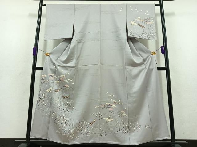 平和屋着物▽訪問着 単衣 飛鶴風景文 金通し地 金彩 正絹 逸品 AABD1239jh