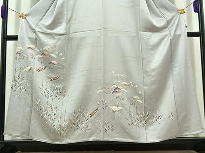 平和屋着物▽訪問着 単衣 飛鶴風景文 金通し地 金彩 正絹 逸品 AABD1239jh