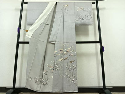 平和屋着物▽訪問着 単衣 飛鶴風景文 金通し地 金彩 正絹 逸品 AABD1239jh