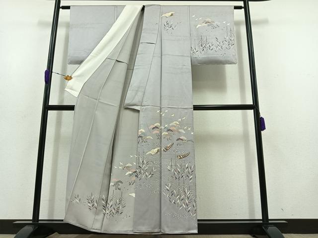 平和屋着物▽訪問着 単衣 飛鶴風景文 金通し地 金彩 正絹 逸品 AABD1239jh