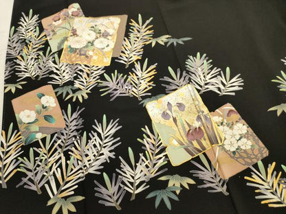平和屋着物■豪華黒留袖　駒刺繍　色紙重ね花文　金銀彩　正絹　逸品　AABD1305ma