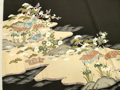 平和屋着物■豪華黒留袖　松竹梅風景花文　金彩　正絹　逸品　AABD1341ma