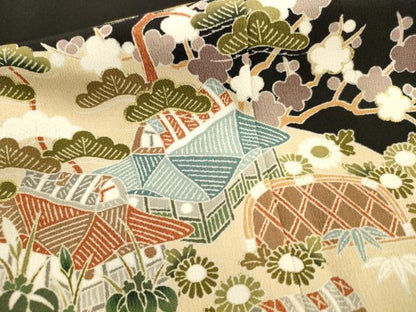 平和屋着物■豪華黒留袖　松竹梅風景花文　金彩　正絹　逸品　AABD1341ma