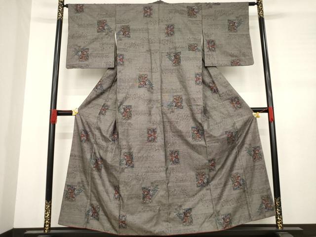 平和屋着物●本場大島紬 カタス9マルキ 色紙風景花文 正絹 逸品 AABD1607ck