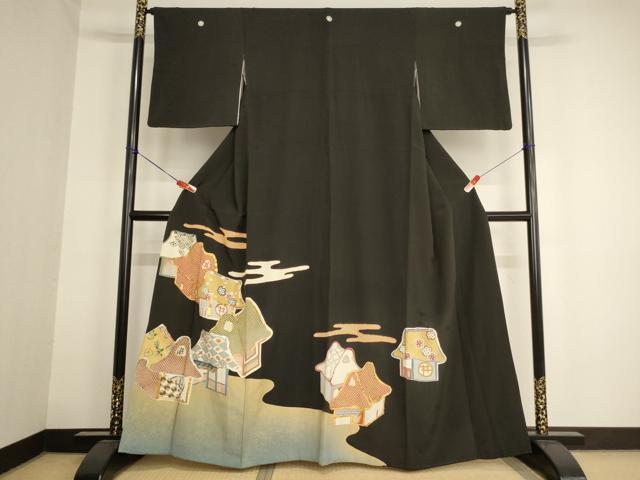 平和屋着物■豪華黒留袖　駒刺繍　風景文　金彩　正絹　逸品　AABD1694ja
