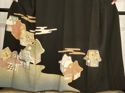 平和屋着物■豪華黒留袖　駒刺繍　風景文　金彩　正絹　逸品　AABD1694ja