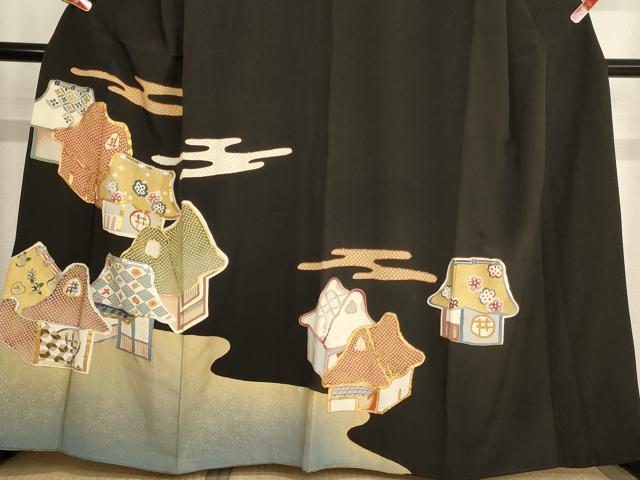 平和屋着物■豪華黒留袖　駒刺繍　風景文　金彩　正絹　逸品　AABD1694ja