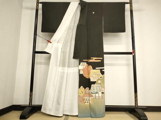 平和屋着物■豪華黒留袖　駒刺繍　風景文　金彩　正絹　逸品　AABD1694ja