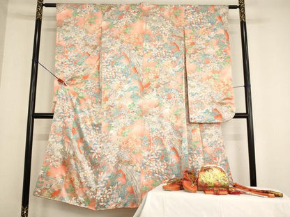 平和屋着物[]七五三　女の子　７歳　祝着　四つ身　小物セット　渡り橋草花文　暈し染め　金彩　逸品　AABD1798ja