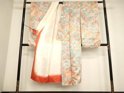 平和屋着物[]七五三　女の子　７歳　祝着　四つ身　小物セット　渡り橋草花文　暈し染め　金彩　逸品　AABD1798ja