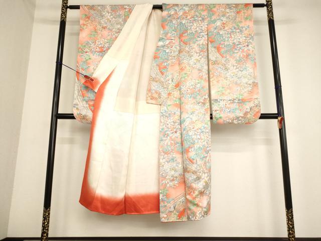 平和屋着物[]七五三　女の子　７歳　祝着　四つ身　小物セット　渡り橋草花文　暈し染め　金彩　逸品　AABD1798ja