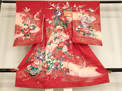 平和屋着物[]お宮参り　女の子　祝着　産着　初着　のしめ　一つ身　飛鶴花車文　暈し染め　金彩　逸品　未使用　AABD1805ja