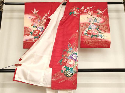 平和屋着物[]お宮参り　女の子　祝着　産着　初着　のしめ　一つ身　飛鶴花車文　暈し染め　金彩　逸品　未使用　AABD1805ja