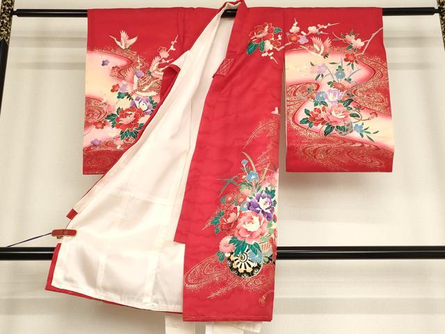平和屋着物[]お宮参り　女の子　祝着　産着　初着　のしめ　一つ身　飛鶴花車文　暈し染め　金彩　逸品　未使用　AABD1805ja