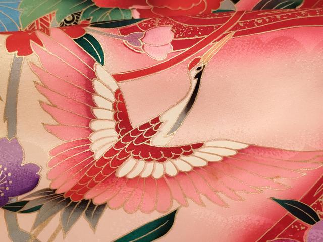 平和屋着物[]お宮参り　女の子　祝着　産着　初着　のしめ　一つ身　飛鶴花車文　暈し染め　金彩　逸品　未使用　AABD1805ja