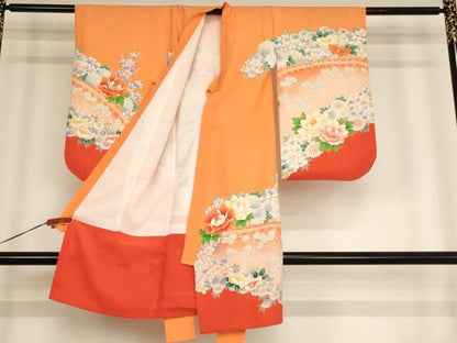 平和屋着物[]七五三　女の子　３歳　祝着　一つ身　祝着・長襦袢(袷)セット　草花文　暈し染め　金彩　逸品　AABD1806ja