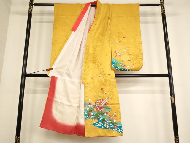 平和屋着物[]七五三　女の子　７歳　祝着　四つ身　長襦袢(無双仕立て)・袋帯セット　松竹梅尾長鳥文　金彩　逸品　AABD1809ja
