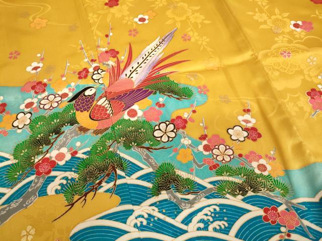 平和屋着物[]七五三　女の子　７歳　祝着　四つ身　長襦袢(無双仕立て)・袋帯セット　松竹梅尾長鳥文　金彩　逸品　AABD1809ja