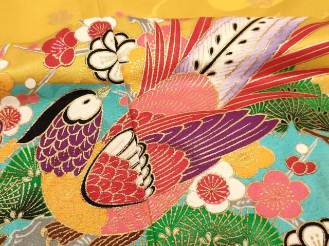 平和屋着物[]七五三　女の子　７歳　祝着　四つ身　長襦袢(無双仕立て)・袋帯セット　松竹梅尾長鳥文　金彩　逸品　AABD1809ja