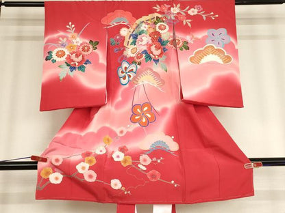 平和屋着物[]お宮参り　女の子　祝着　産着　初着　のしめ　友禅　檜扇花文　暈し染め　金彩　逸品　未使用　AABD1814ja