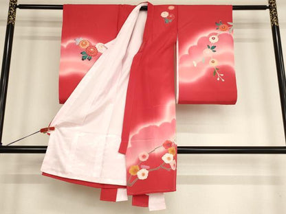 平和屋着物[]お宮参り　女の子　祝着　産着　初着　のしめ　友禅　檜扇花文　暈し染め　金彩　逸品　未使用　AABD1814ja