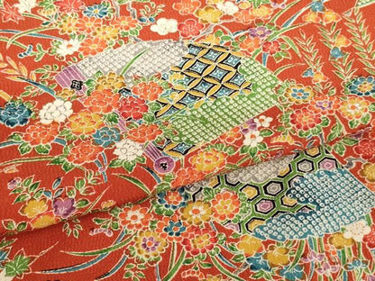 平和屋着物[]七五三　女の子　７歳　祝着　四つ身　扇面花文　逸品　AABD1821ja
