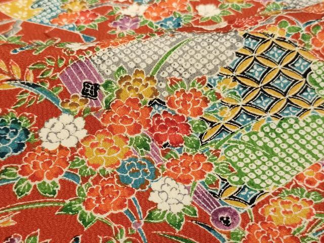 平和屋着物[]七五三　女の子　７歳　祝着　四つ身　扇面花文　逸品　AABD1821ja