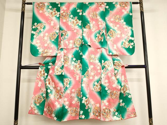平和屋着物[]七五三　女の子　７歳　祝着　四つ身　桜手毬文　暈し染め　金彩　逸品　AABD1824ja