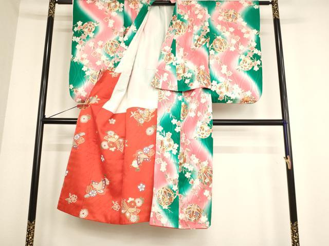 平和屋着物[]七五三　女の子　７歳　祝着　四つ身　桜手毬文　暈し染め　金彩　逸品　AABD1824ja