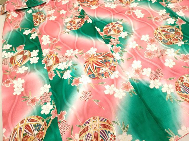 平和屋着物[]七五三　女の子　７歳　祝着　四つ身　桜手毬文　暈し染め　金彩　逸品　AABD1824ja