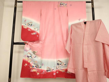 平和屋着物[]七五三　女の子　７歳　祝着　四つ身　長襦袢(単衣)セット　鴛鴦花文　暈し染め　金銀彩　逸品　AABD1825ja