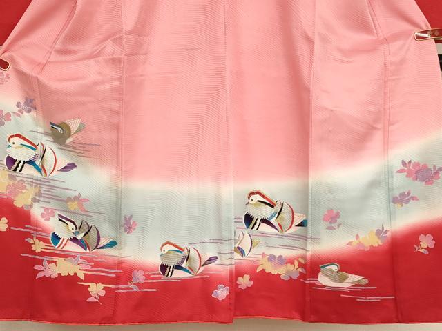 平和屋着物[]七五三　女の子　７歳　祝着　四つ身　長襦袢(単衣)セット　鴛鴦花文　暈し染め　金銀彩　逸品　AABD1825ja