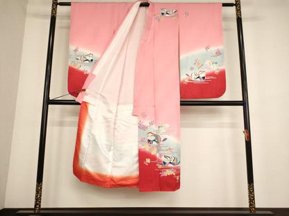 平和屋着物[]七五三　女の子　７歳　祝着　四つ身　長襦袢(単衣)セット　鴛鴦花文　暈し染め　金銀彩　逸品　AABD1825ja
