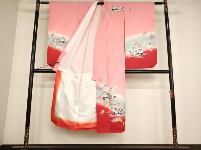 平和屋着物[]七五三　女の子　７歳　祝着　四つ身　長襦袢(単衣)セット　鴛鴦花文　暈し染め　金銀彩　逸品　AABD1825ja
