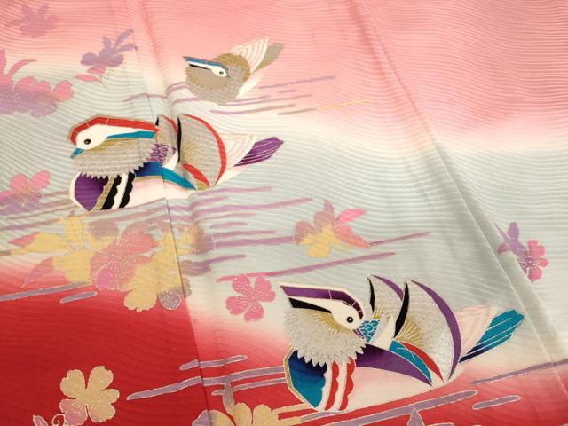 平和屋着物[]七五三　女の子　７歳　祝着　四つ身　長襦袢(単衣)セット　鴛鴦花文　暈し染め　金銀彩　逸品　AABD1825ja